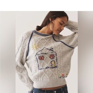Pilcro Gray Cable Knit Sweater with Colorful Embroidery